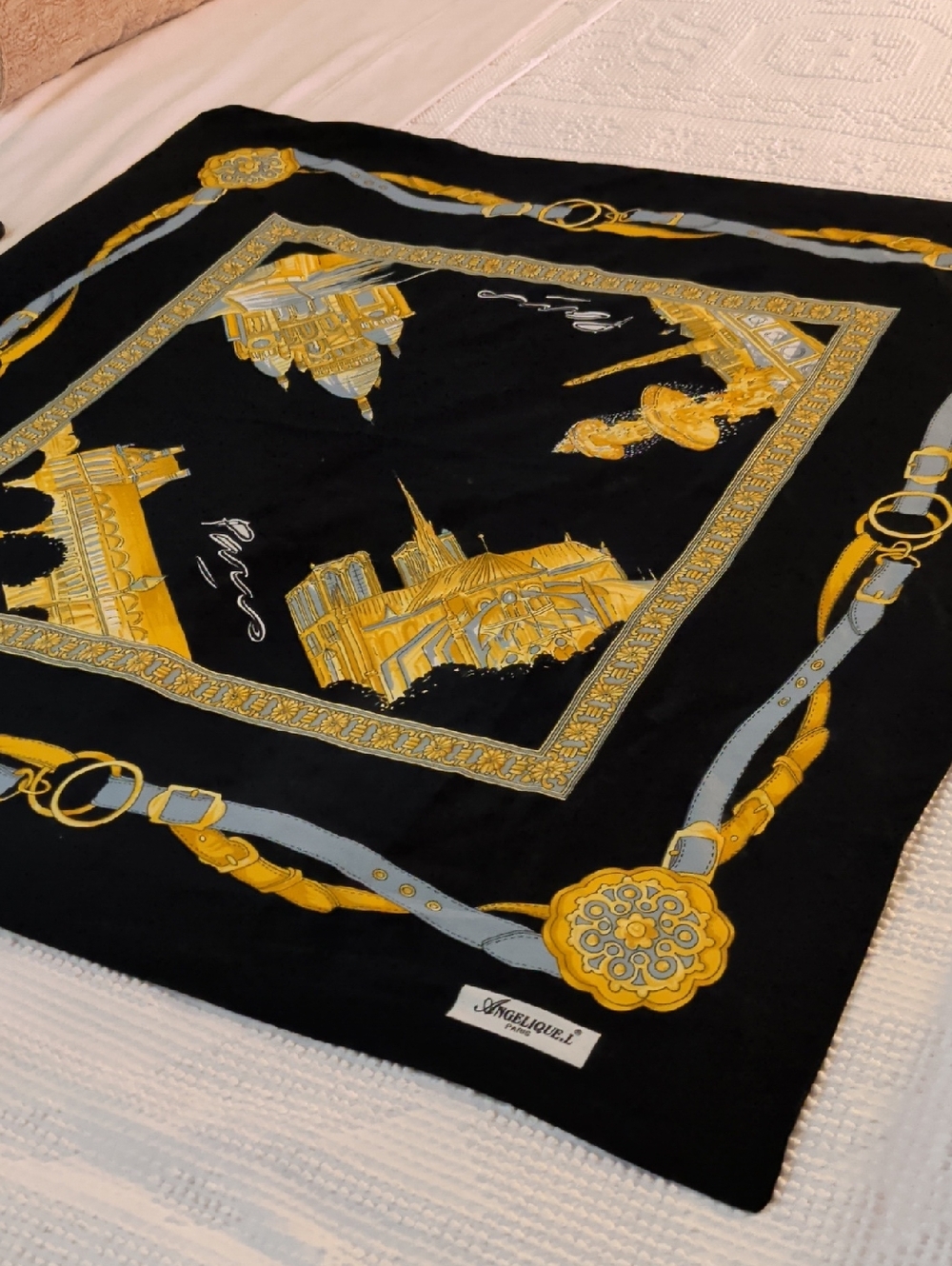 Angelique.L Paris-Black and Gold Architectural Print Silk Scarf